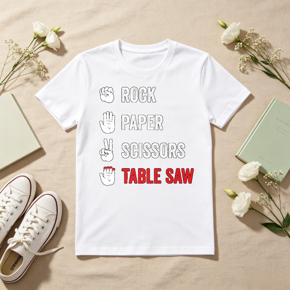 Woodworking Jokes - Scheren-Papier-Stein-Tischkreissäge Grafik-Bedrucktes Lustiges Erwachsenen-Witz-T-Shirt Holzarbeiter Geschenk